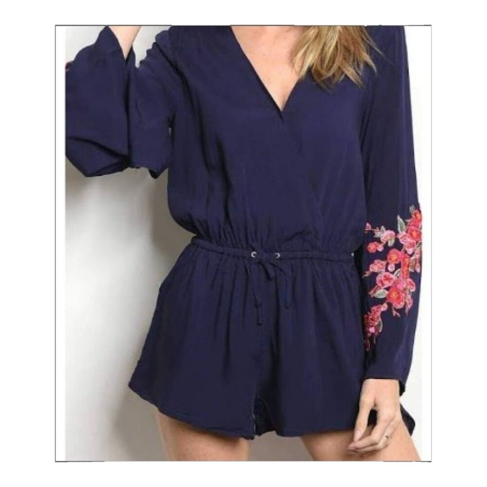 Loveriche Women's Navy Drawstring Floral Romper Shorts Lined Casual Dressy Small